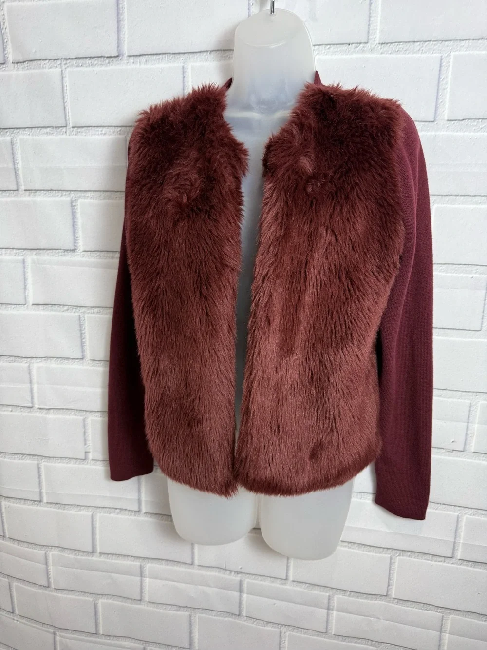 Banana Republic Burgundy Faux Fur Cardigan Jacket Size S Cozy Chic
